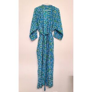 Blue Ginger 100% Cotton Blue Floral Bath Robe With Tie One Size Feminine Boho
